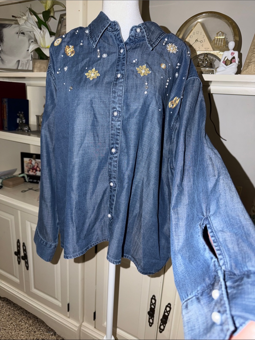 Chico's Embellished Denim Button-Front Blouse in Blue with Gold Accents